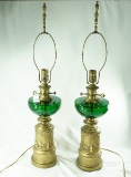 Pair - Mid Century Modern Emerald Green Glass Table Lamps