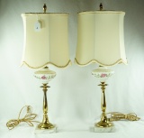 Pair - Table Lamps - Hand-Painted Rose Motif on Marble Base