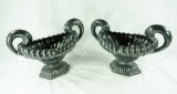 Pair - 1940's Italian Porcelain Majolica Mantle Urns w/ Silver Lustre Overlay