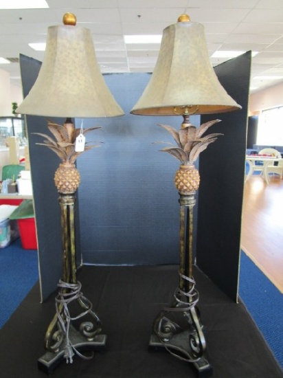 Pair - Pineapple Topped, 3 Arm Body, Curled Base Metal Lamps w/ Shades