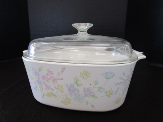 Casserole/Stew Dish Floral Pattern Sides, Glass Top