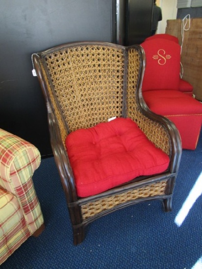 Dark Wood/Wicker Back Arm Chair w/ Red Upholstered Seat Curved Motif