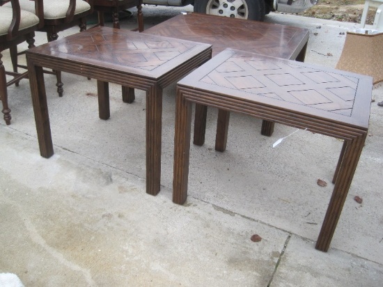 Pair - Henredon Fine Furniture Oak End Tables Parquetry Design Top