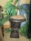 Grecian Urn Style Ceramic Planters, Scalloped Base w/ Faux Palm Plants