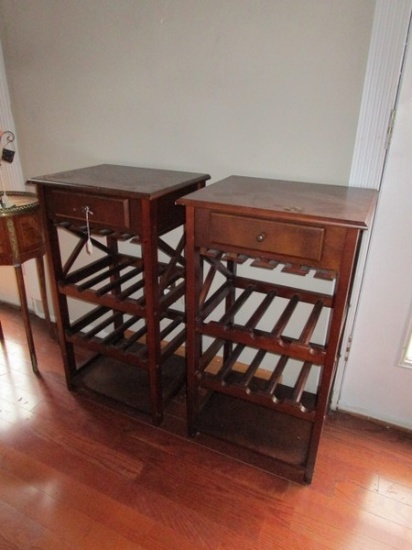 Pair - Wooden Side Tables 1 Drawer w/ 2 Wine Rack Shelves