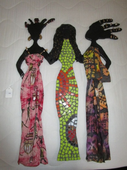 3 African-American Wooden Ladies in Fabric/Tile Dresses Wall Décor