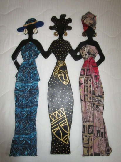 3 African-American Wooden Ladies in Fabric/Paint Dresses Wall Décor