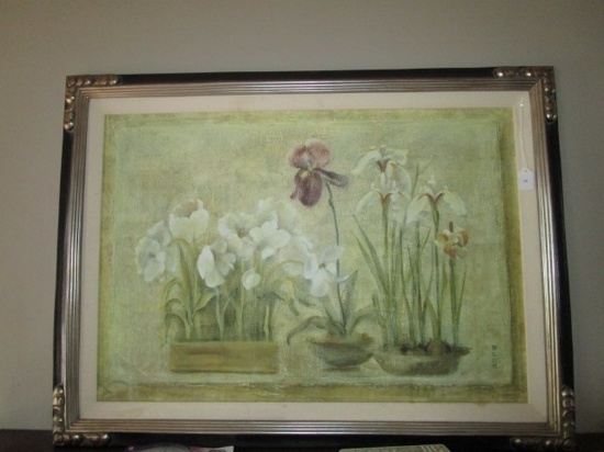 Oil Print on Canvas Flowers in Black Frame/Gilted Trim Corners Artist Signed Blum