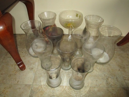 Glass Lot - 2 Wide Top Vases, 1 Raised Cup "Boss", Various Sizes/Types, Etc.