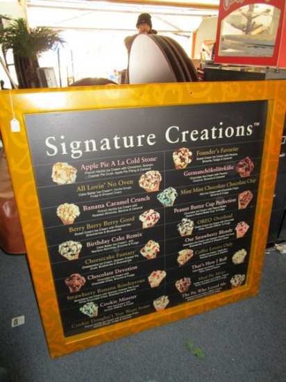Large Advertising Sign Board Orange/Brown Strip Pattern w/ "Signature Creations" Sign