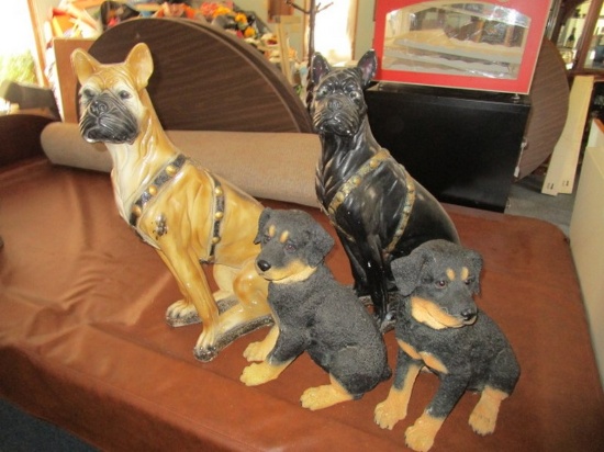 Lot - Dogs Décor 2 Pitbull Ceramic Sitting Dogs, 2 Rottweilers