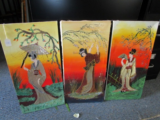 3 Geisha/Asian Woman Hand Painted Oils on Canvas Wood Frame, Sequined