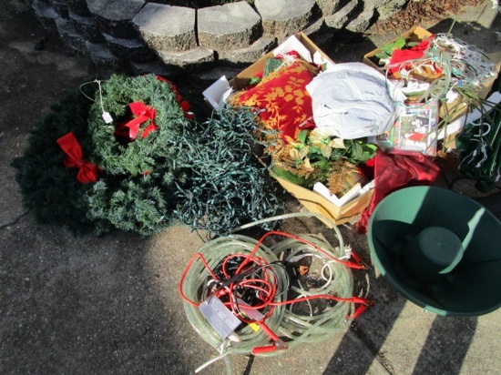 Christmas Lot - 5 Wreaths, Various Sizes, Lights, Tinsel, Decorations, Cards, Etc.