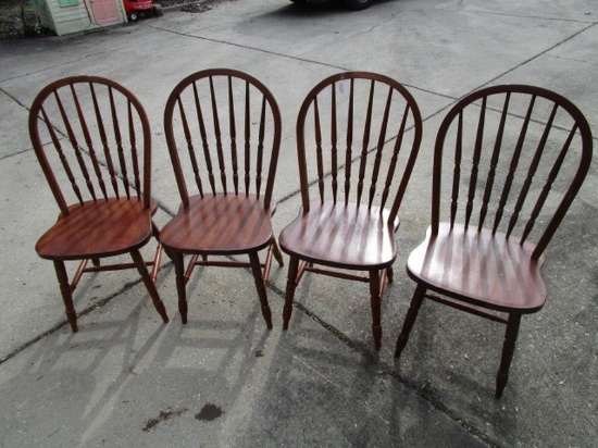 4 Wooden Spindle-Back Chairs, Slat/Arched Back, Stretchers, Etc.