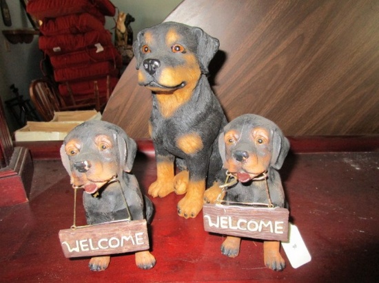3 Rottweilers Figurines, 2 Holding "Welcome" Signs