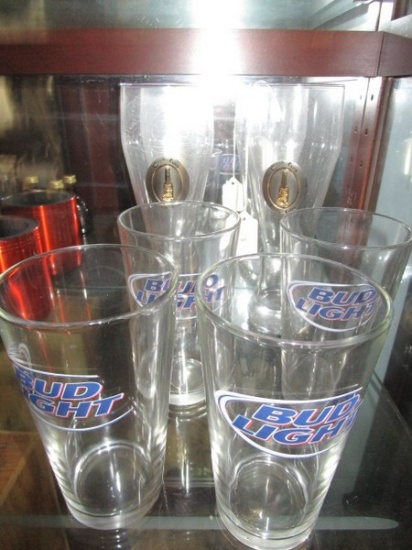 Lot - 2 Corona Extra Beer Glasses 9 1/4" H, Bud Light Glasses