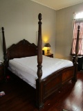 Dark Wood 4-Poster Bed Scalloped Columns, Pinecone Finials, Acanthus Leaf Carved Motif