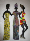 3 African-American Wooden Ladies in Fabric/Paint Dresses Wall Décor