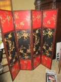 4 Panel Folding Bedroom Screen, Wooden Frame, Red/Black Cherry Blossom Asian Motif