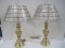 Pair - Brass Urn Form Table Lamp on Plinth Base w/ Capiz Seashell Panel Shade