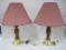 Pair - Wooden Candlestick Style Table Lamps on Brass Finish Base w/ Mauve Pleated Shades