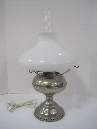 Antique Nickel Finish Converted Oil Lamp w/ Milk Glass Shade