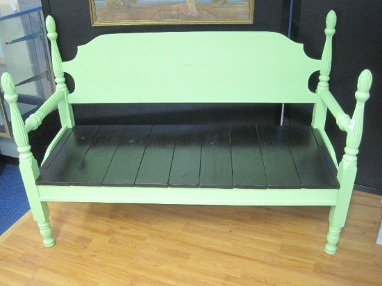 Distinctive 4 Poster Bed Converted Bench w/ Pineapple Finials Green Finish w/ Black Slat Seat