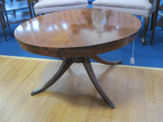 Lexington Chair Co. Crotch Mahogany Pedestal Round Cocktail Table w/ Brass Paw Cap Feet