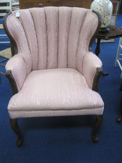 Queen Anne Style Curved Channel Back Arm Chair Mahogany Trim & Mauve Upholstery