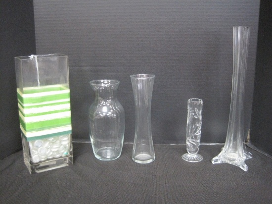 Lot - Crystal/Glass Vases 12" Pillar, Etched Flower Bud Vase, Etc.