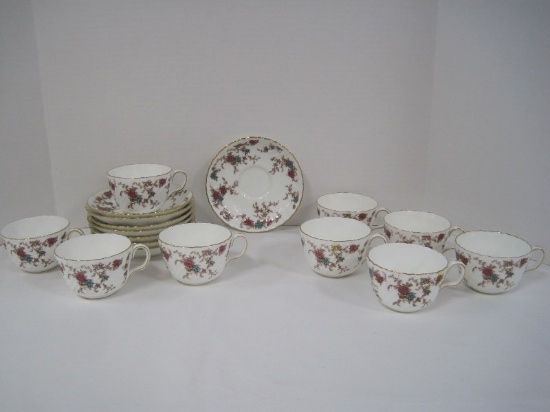 17 Pieces Minton Bone China Ancestral Pattern Floral/Foliage Design Cups & Saucers