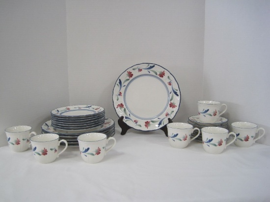 27 Pieces - Epoch Dinnerware Promenade Pattern Pink Floral Border, Scalloped Blue Trim