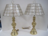 Pair - Brass Urn Form Table Lamp on Plinth Base w/ Capiz Seashell Panel Shade