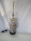 Semi-Porcelain Vase Form Table Lamp Hand Painted Birds/Floral Landscape Design