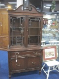 Traditional Mahogany China Cabinet w/ Fret Work, Arched Pediment/Finial