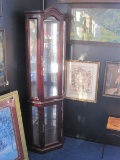 Corner Curio Lighted w/ Mirrored Back, Glass Shelves & Arched Pediment