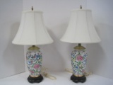 Pair - Semi-Porcelain Vase Form Table Lamps Hand Painted Floral/Foliage Asian Design