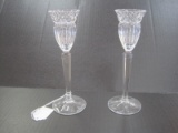 Pair - Crystal Stem Candlesticks Vertical Cut w/ Leaves/Berries Design Rim