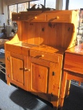 Knotty Pine Dry Sink Hutch w/ Inserted Pan, Bead Board Back & Double Base Cabinet Doors