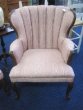 Queen Anne Style Curved Channel Back Arm Chair Mahogany Trim & Mauve Upholstery
