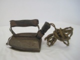 Early Heavy Electric Iron w/ Wooden Handle & Rest Plate