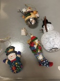 Lot - Misc. Ornaments, Glass Snowman, Snowman in Sock, Bell, Etc.