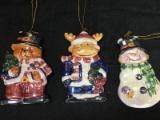 3 Bisque Ceramic Ornaments Bear, Reindeer, Snowman