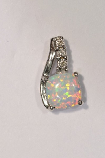 Sterling Silver Created Opal & Diamond Pendant