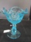 Blue Scallop-Cut, Flared Rim Art Glass Raised Bowl