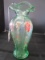 Green Glass Vase w/ Hand Painted Floral Pattern Wave Rim