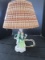 Dancing Georgian Pair Porcelain Base Table Lamp Green/Gilted Motif w/ Shade by Pioneer