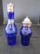 Blue Glass Pepper Shaker & Master Salt, Cut Floral Pattern