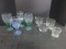 Lot - Misc. Glass Grape/Peach Motif Goblets, Blue Scalloped Glass, Etc.