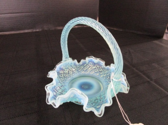 Fenton Blue Opalescent Art Glass Basket Hobnail w/ Flared/Crimped Rim